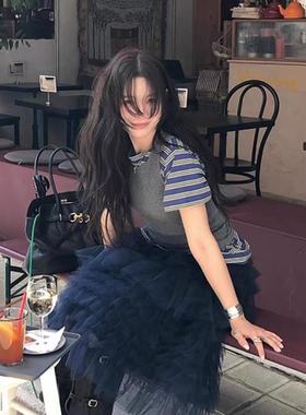 韩国复古小众网纱蛋糕半身女 2025秋冬藏青色多层裙摆蓬蓬裙叠穿