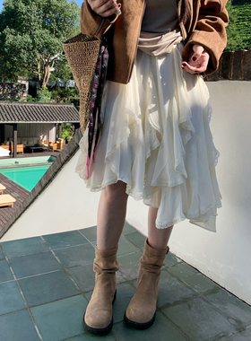 重工小众蕾丝花边加绒半裙2025大摆超仙短裙子不规则荷叶边半身裙