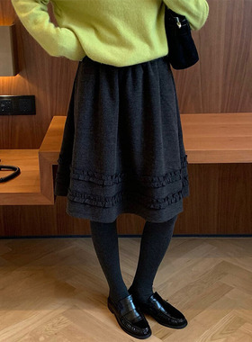 百搭不挑人~25秋冬韩系ins气质百搭显瘦中裙 木耳边拼接半身裙女