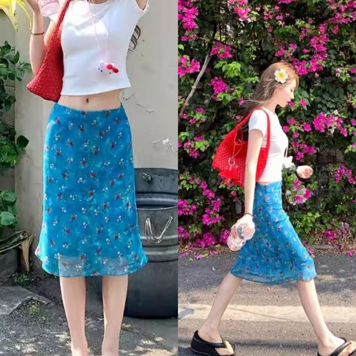 泰兰德少女25夏季小个子蓝色碎花雪纺直筒中裙 法式高级感半身裙