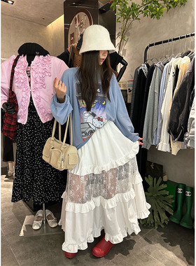 韩国订单26春秋设计感半身裙女长裙百搭显瘦木耳边蕾丝拼接蛋糕裙