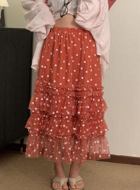 sixsix定制红橙色网纱浪漫风半身裙韩系重工木耳边小花中长蛋糕裙