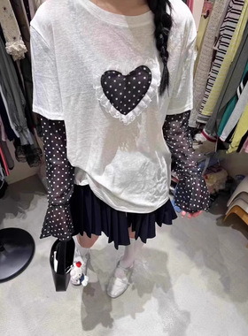 韩代爆款拼蕾丝花边立体爱心t恤女 25夏季韩国波点长袖大码防晒衣