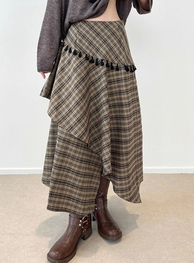 sixsix定制不规则设计格子流苏伞裙 25小个子咖啡色复古风半身裙