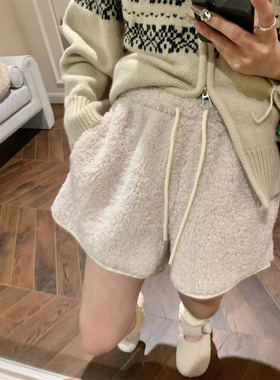 奶酪感~25冬季韩国订单摇粒绒三分裤 高腰保暖宽松阔腿休闲短裤女