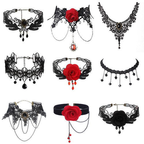 Gothic Chokers Black Beaded Flowers Sexy Lace Neck Choker Ne