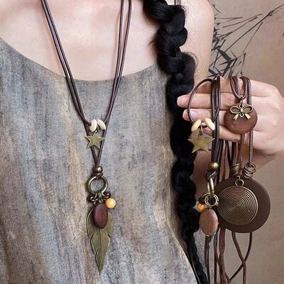 New Chinese Style Feather Leaf Pendant Necklace Vintage Ethn