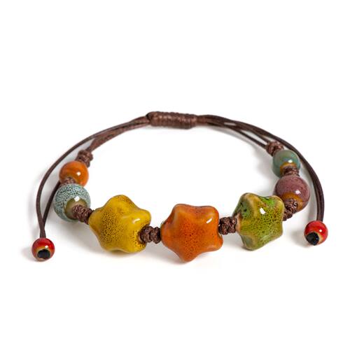 Handmade Glazed Ceramic Star Bracelet Woven String Jewelry f