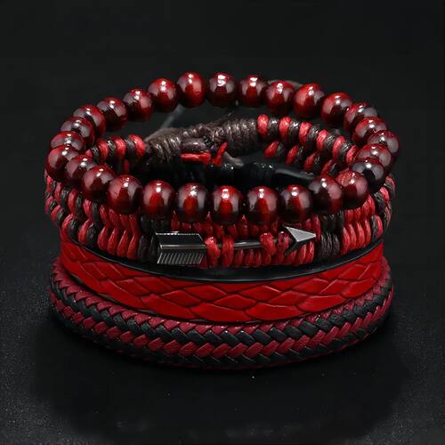 Fashion Vintage Men's Leather Bracelet Cupid's Arrow Wooden