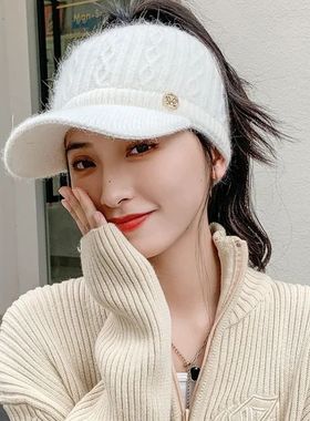Winter Warm Headband Hat With Brim Thick Knit Cap Ponytail H