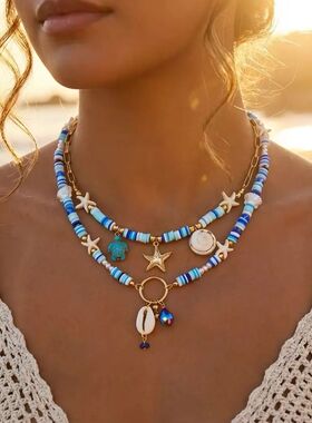 Bohemain Vintage Shell Starfish Turtle Multilayer Necklace f