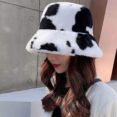 Cow Stripe Bucket Hat  Warm Fisherman Cap Soft Winter Casual