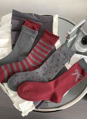 Red Striped Midtube Socks with Bow Long Tube Casual Ribbed C