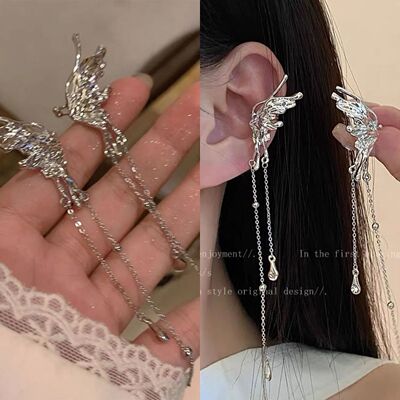 1Pair Elegant Elf Butterfly Long Tassel Clip Earrings for Wo