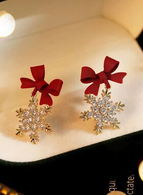 New Red Bow Knot Snowflakes Drop Earring for Women Christmas