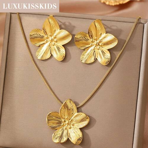 2PC Women'sTrendy Stainless Steel Flower Earrings Necklace S