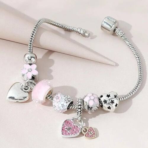 Love Heart Flower Glass Pendant Charm Bracelet Classic Pink