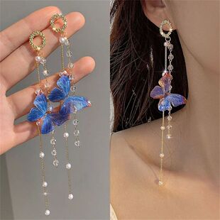 Crystal Earrin New Zircon Tassel Butterfly Long Women Pearls