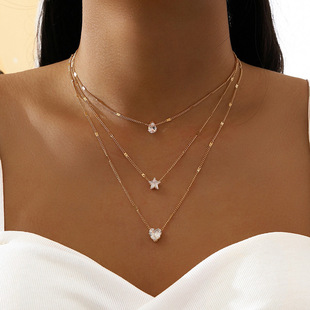 Zircon Pendant Charm Layered Star Necklace Crystal Set Heart