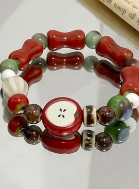 Dopamine Red Ceramic Apple Bead Bracelet Simple Handmade Spl