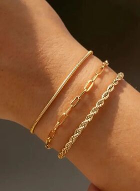 3pcs Women Stainless Steel Thin Chain Bracelet, Waterproof T
