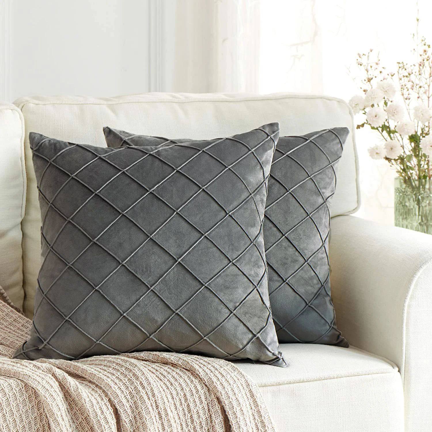 Dark Gray Velvet Cushion Covers Plaid Pillowcases 30x50cm 45