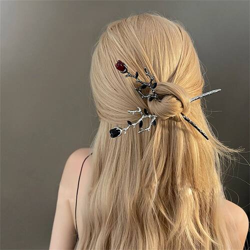Vintage Metal Red Rose Flower Hairp Women Elegant Texture Ne