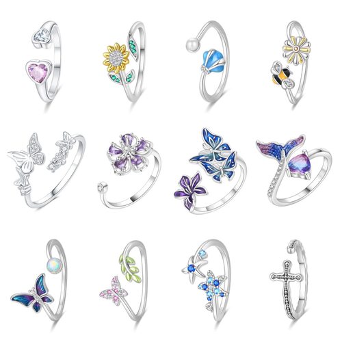 Open mouth ring, floral fish tail ring, silver plated