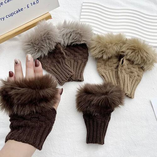 Winter Faux Rabbit Fur Warm Knitted Half Finger Gloves Wrist