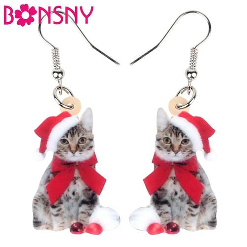 Bonsny Acrylic Christmas Bow-Knot Cat Kitten Earrings Dangle