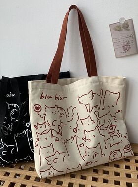 Canvas Bags Handbag for Women Shopper Cute Cat Tote Bag with