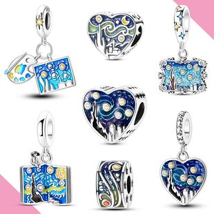 Van Gogh's Starry Night Charms 925 Silver Blue Beads Fit Ori