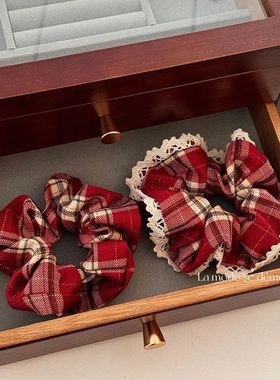 Red Lace Check Large Scrunchie Women's Superior New Year's C