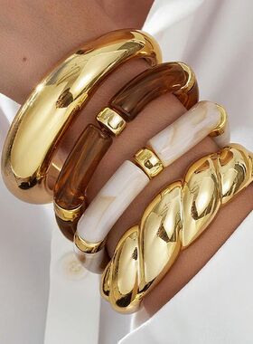 4pcs Vintage Minimalist Elegant Brown Resin Elastic Bangle S