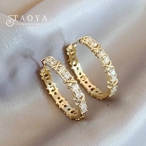 KoreanSimple Zircon X Metal Hoop Earrings For Woman 2025 Neo