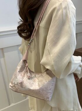 Sweet Embroidery Shoulder Bag Nylon Texture Pearl Pendant Cr