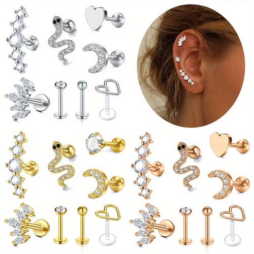 8Pcs 16G Stainless Steel Elegant And Delicate Cartilage Stud