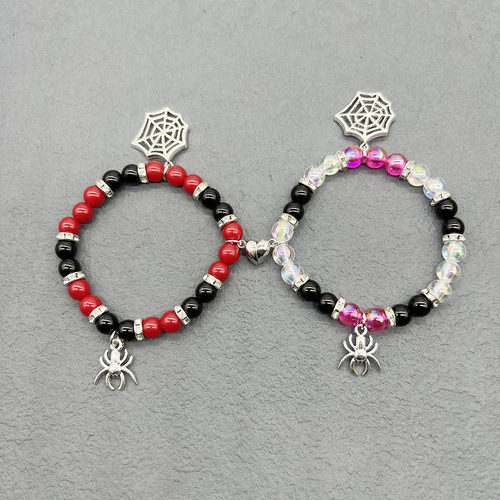 Halloween Couple Bracelet Red And Black Beaded Spider Pendan