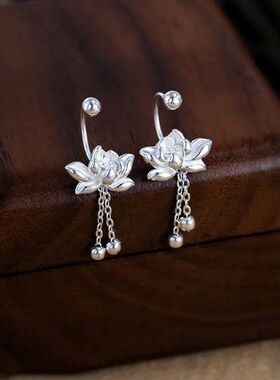 925 Sterling Silver Lotu Flower Stud Earrings Vintage Tassel