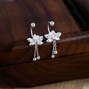 925 Sterling Silver Lotu Flower Stud Earrings Vintage Tassel