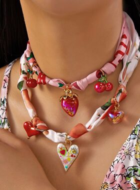 Sweet Cherry Strawberry Bow Heart Pendant Necklace Women's C