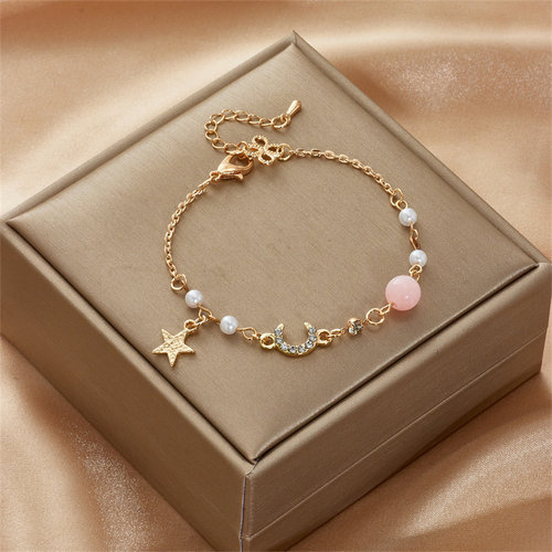Star Moon Bracelet For Women GirlsPink Crystal Pearl Chain B
