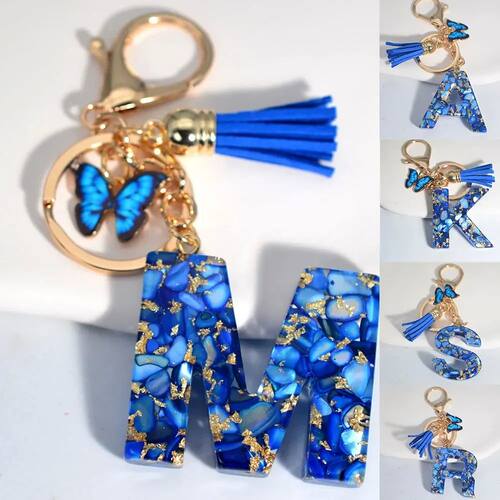 Fashion Blue Glazed Stone A To Z Letter Keychain 26 Initials