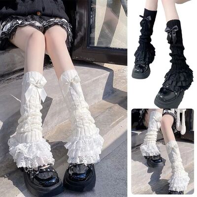 Women Knitted Leg Warmer Bow Tiered Ruffled Socks Girl Lace