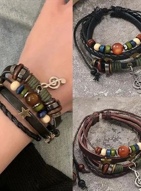 Handmade Hippie Design Brown Leather Bracelet Women Metal St