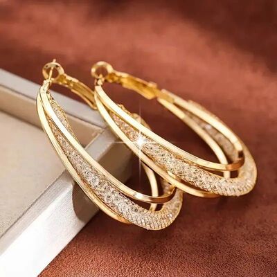 Gold Color Crystal Stone Hoop Earrings Twisted Metal Shape S