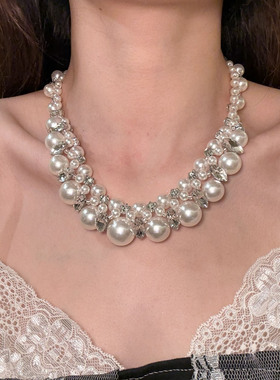 Retro Style Pearl And Zircon Choker Necklace Women's French