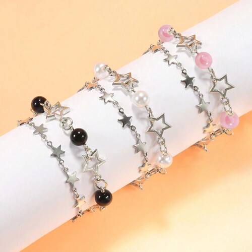 Y2K Celebrity Couple Bracelet Set, Imitation Pearl Star Frie