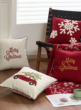Merry Christmas Embroidered Throw Pillow Cover Tufted Snowfl