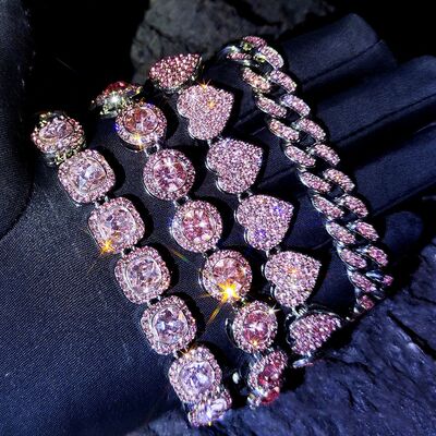 Iced Out Pink Cuban Bracelet for Women Hip Hop Gold Silver C